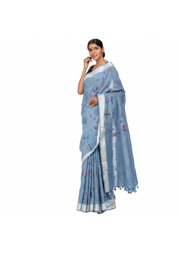 Gray Cotton Embroidered Saree