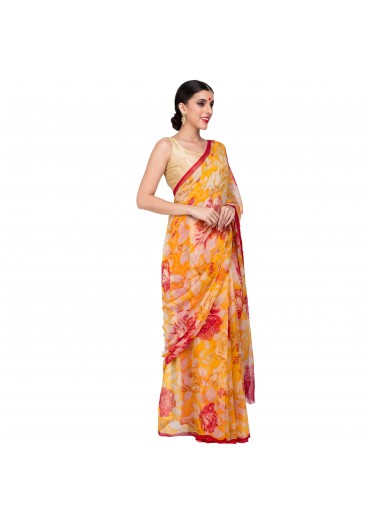 Yellow Red Chiffon Saree