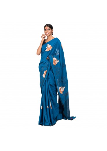 Blue Cotton Embroidered Saree 
