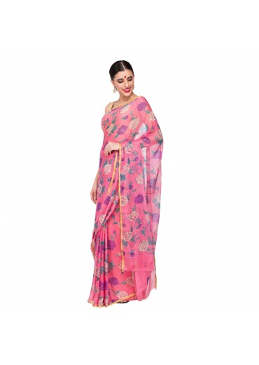 Pink Chiffon Floral Print Saree