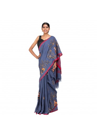 Blue Cotton Embroidered Saree  
