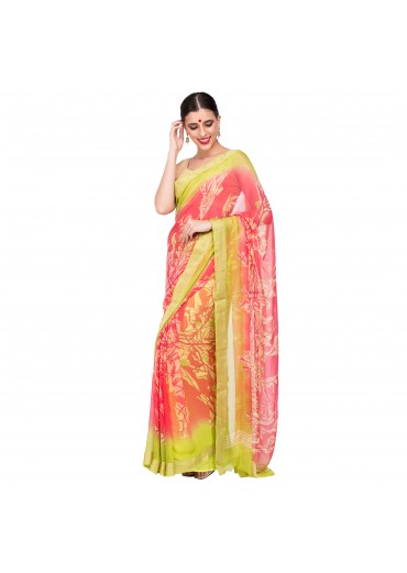 Green pink Chiffon saree