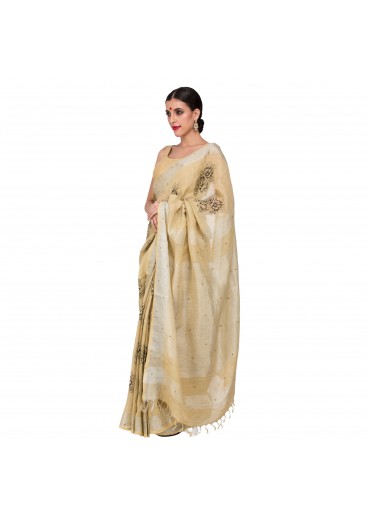 Cream Linen Embroidered saree