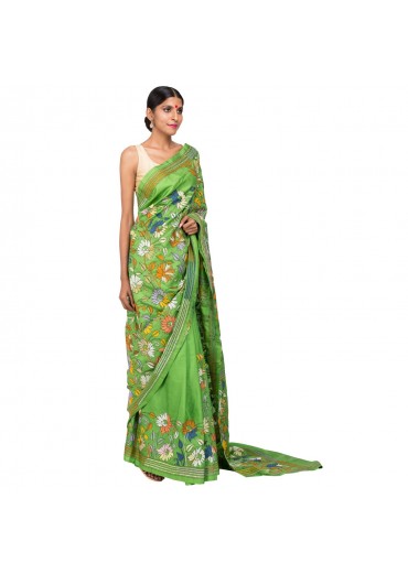 Green Bangalore Silk Kantha Work Saree