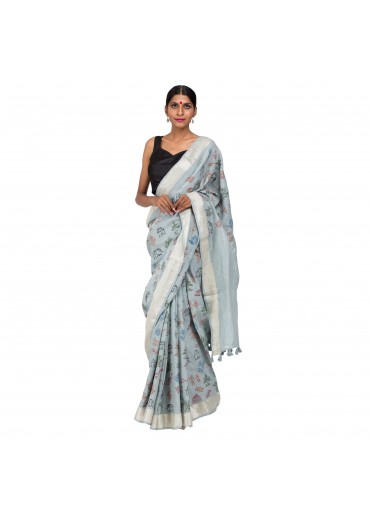 Gray Cotton Embroidered Saree