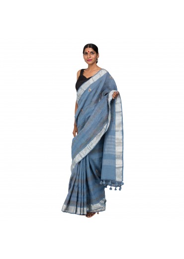 Dark Gray Cotton Embroidered Saree