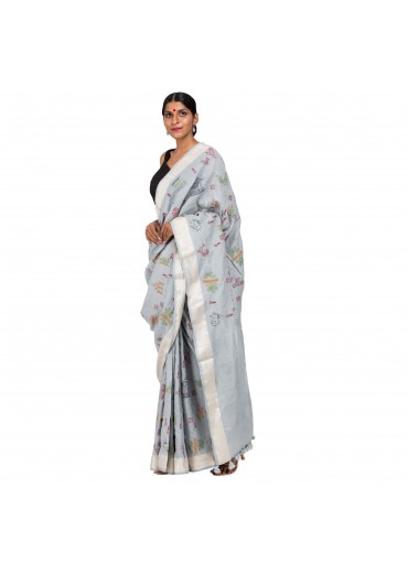 Gray Cotton Embroidered Saree