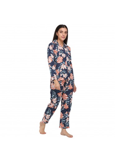 Blue Floral Print cotton Night Suit