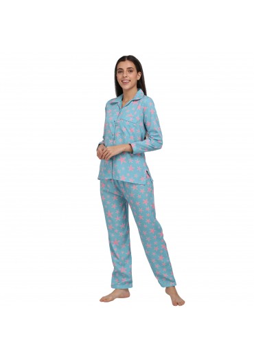 Powder Blue Star Fish Print Reyon Night Suit