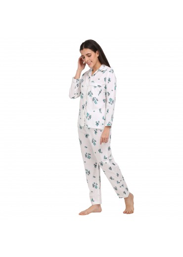 White Cactus Print Reyon Night Suit