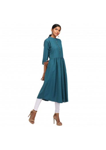 Blue Self Print Cotton Kurta