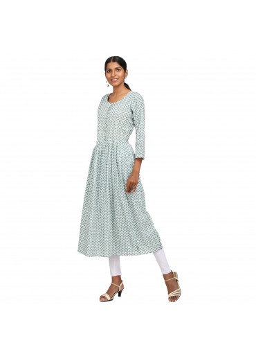 White Floral Print Cotton Kurta