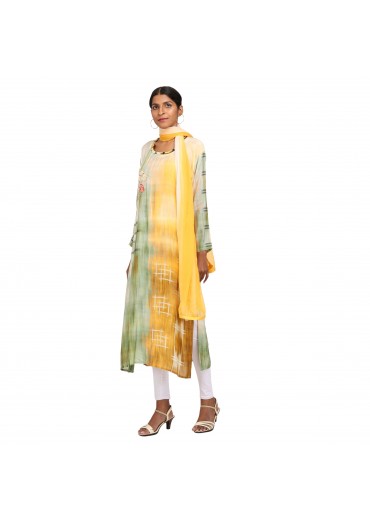 Yellow -Green Silk Embroidered Semi Stiched suit