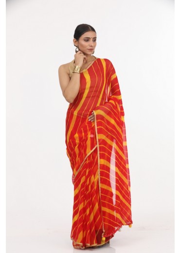 Red Chiffon Lahariya Saree