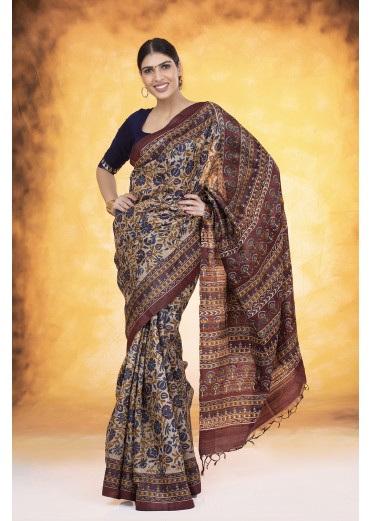 Beige Printed Kosa Silk Saree
