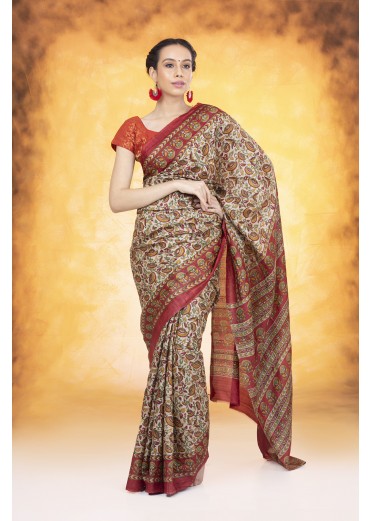 Beige Printed Kosa Silk Saree 