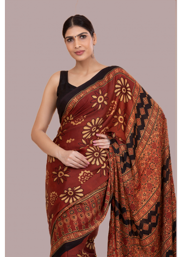 Brown Ajrak Print Modal Silk Saree