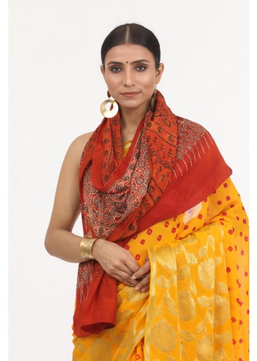Orange Modal Silk Ajrakh Print Stole	