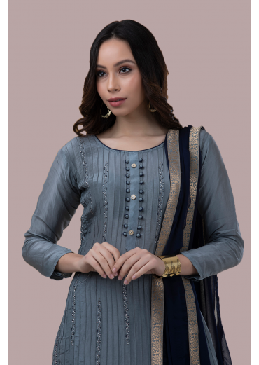 Grey Upara Silk Pintex Semi Stitched Suit