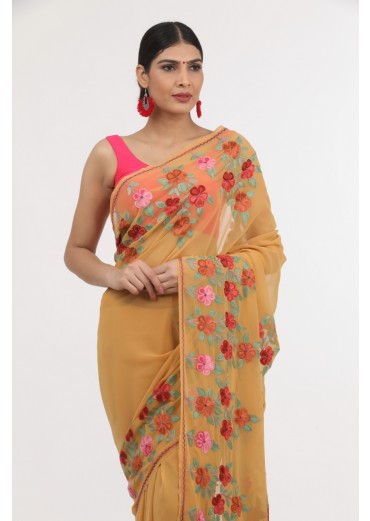 Mustard Kashmeri Embroidery Georgette Saree 