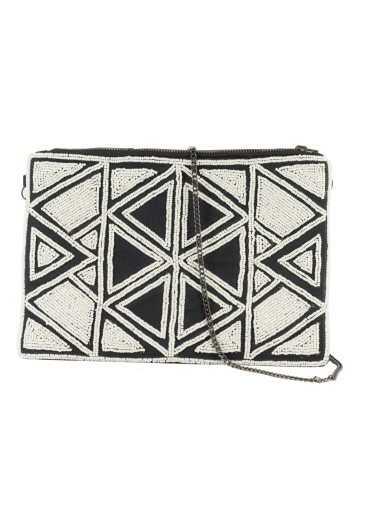 Black and White Gold Embroidered Handicraft Clutch	