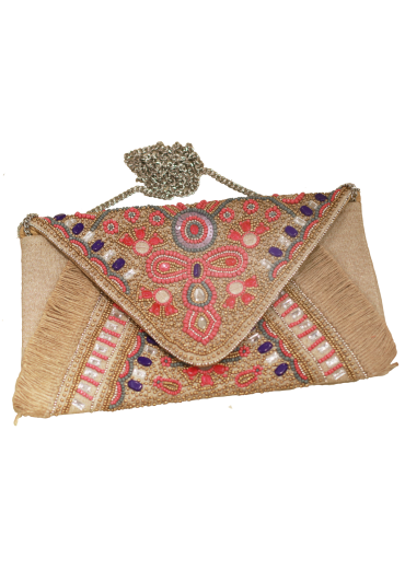 Cream Embellised Handicraft Clutch